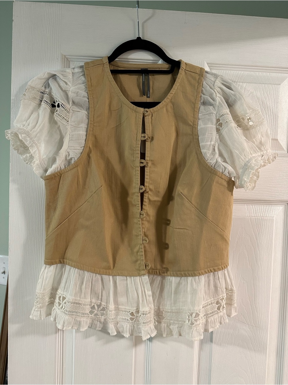 Anthropologie Women’s Cream Blouse with Tan Vest